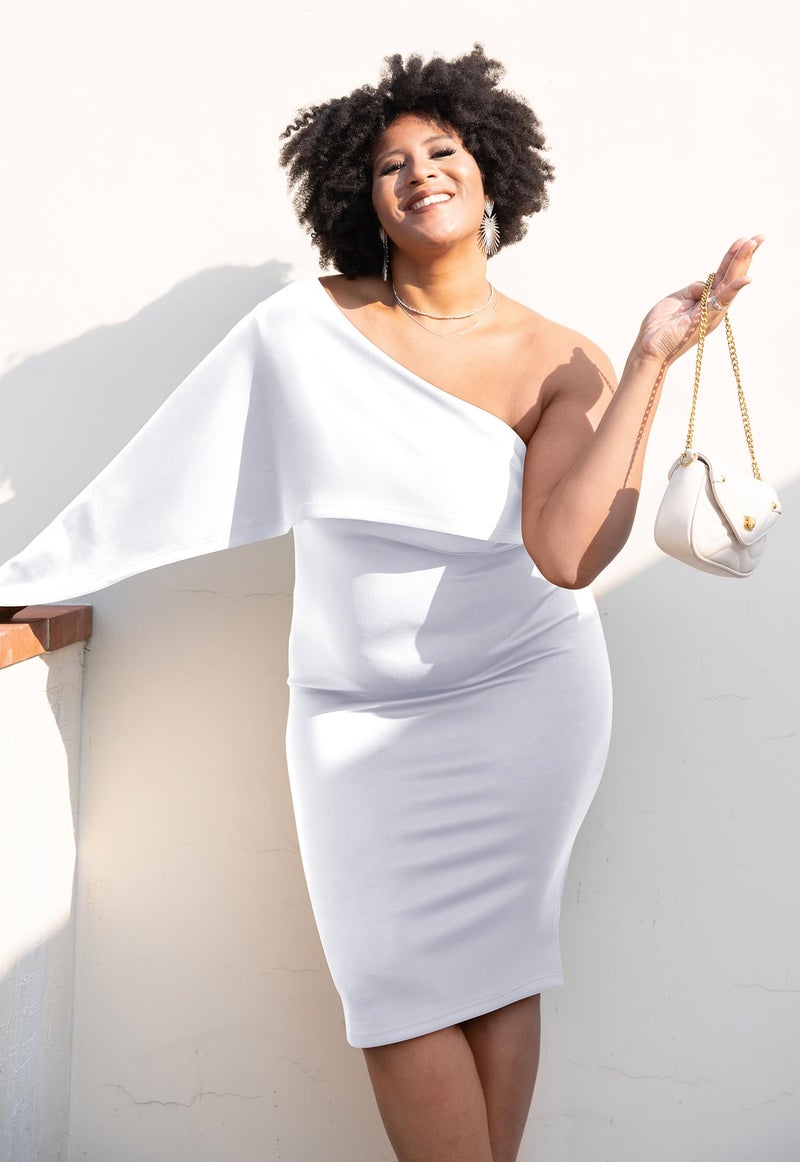 GOBLES Women's Elegant Asymmetrical One Shoulder Cape Bodycon Party Cocktail Midi Dress White - Image 3
